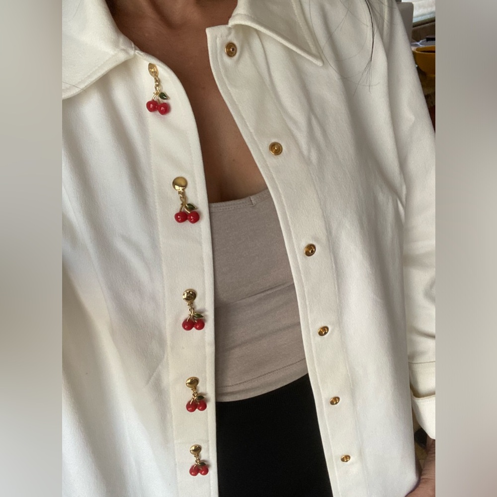 St. John Marie Gray white collard jacket cherry button details